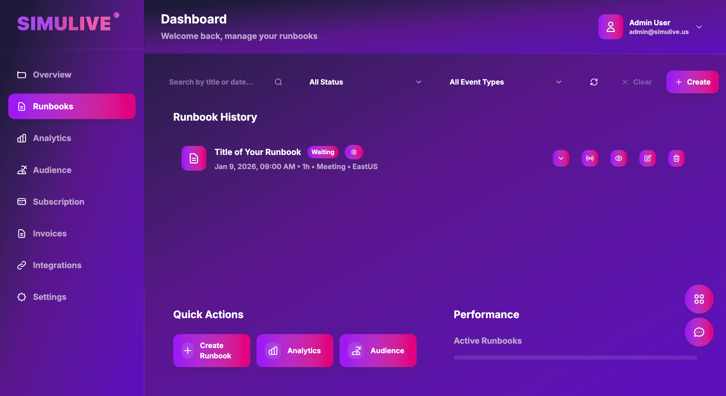 SimuLive Runbook Dashboard List