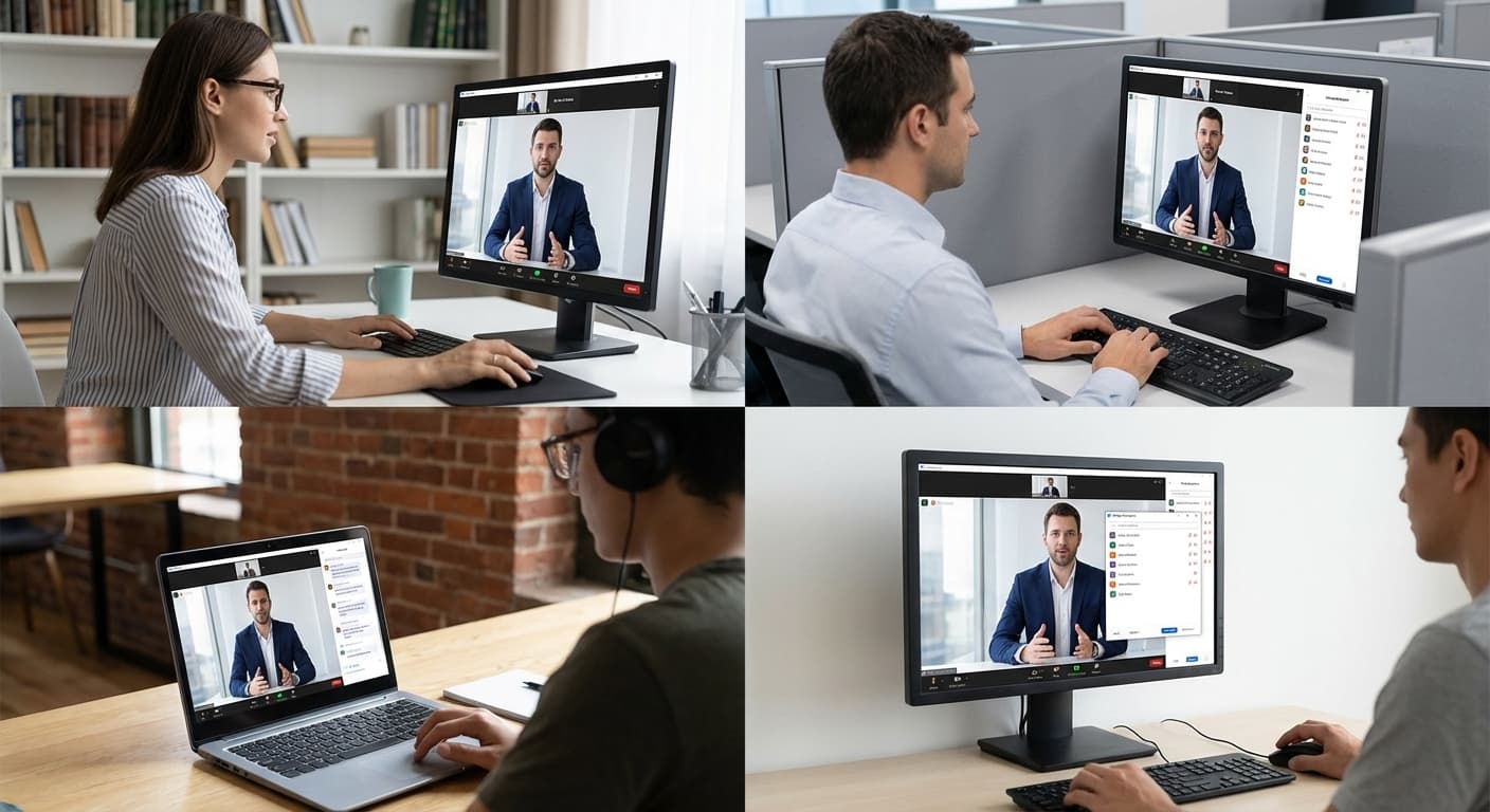 SimuLive Shared Team Access showing Hosts Co-Hosts Admins and Managers managing webinars and meetings from different locations